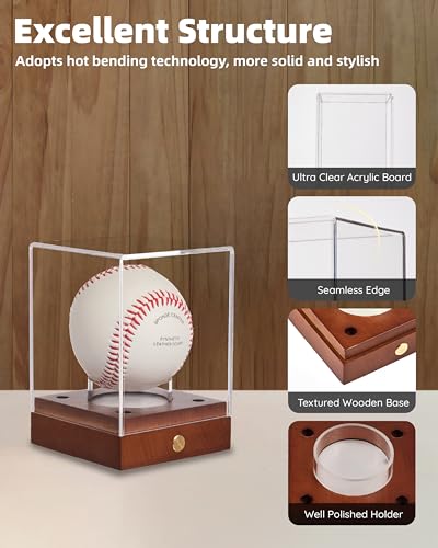 Image of Fitense LED Acrylic Baseball Display Case UV Protection Wood Base | Transparent showcase built with solid wooden base for signed baseball sports memorabilia collection