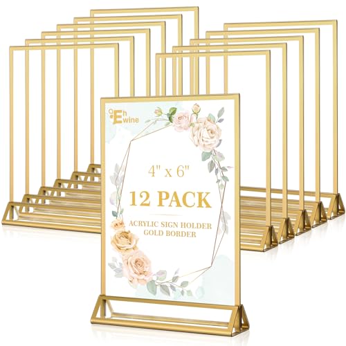 EHWINE 12 Pack Acrylic Sign Holder 4 x 6, Double Sided Gold Picture Frame Stand up Table Top Sign Holders, Clear Display Stand Menu Flyer Holder for Wedding Party