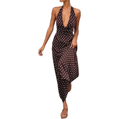 Bauzuoyo Vestido de noche para mujer, diseño de lunares, cuello en V profundo, sexy, sin mangas, vestido de cóctel de los años 50, elegante, vintage, vestido de fiesta, retro, vestido de playa, marrón