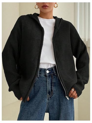 Image of SOLY HUX Zip Up Cardigan for Women Hooded Cardigan Sweater Knitted Drop Shoulder Fall Clothes Winter Hoodies Outerwear