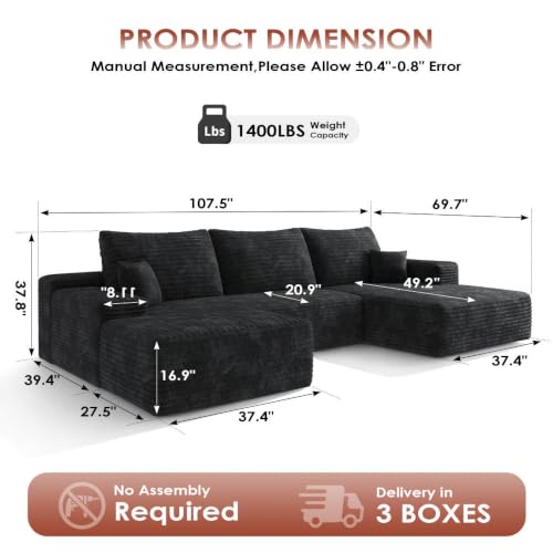 Image of Boneless Couch, Modular Sectional Couches for Living Room, U-Shaped Cloud Couch Sofa with Deep Seat, Fluffy Corduroy Upholstered Corner Sofa