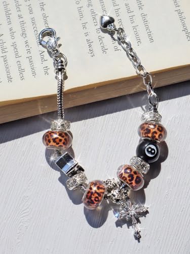 Beaded Y2K Bracelet with Leopard Charms – Chunky Chain Statement Jewelry with Cross Pendant, 8 Ball, Teddy Bear for Grunge Street Style4