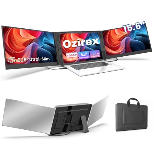 Ozirex 15.6" Laptop Screen Extender, FHD 1080P Triple Portable Monitor for Laptops, Ultra-Slim Travel Monitor for 13.3"–17.3" Laptops, USB-C & HDMI Plug & Play, Compatible with Windows/Mac/Android