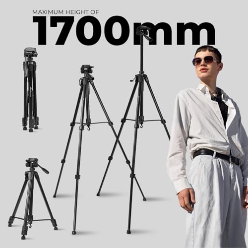 Image of HIFFIN HTR-500 1700mm Lightweight Tripod with Mobile Holder & Carry Bag | 5kg Load Capacity | 3-Section Adjustable Stand for DSLR, Camera & Smartphone | Portable & Stable Tripod Stand