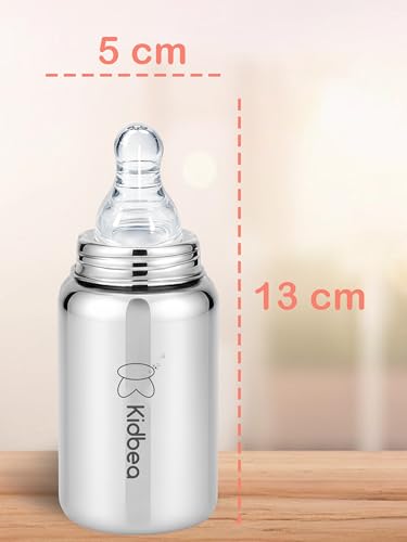 Image of Kidbea Steel Feeding Bottle 150ml for Newborns with Extra 2 Silicon Nipples | BPA Free, Food Grade, Leakproof | Safe & Durable Baby Milk Feeder