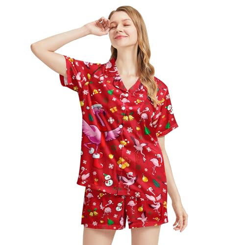 Image of Funny Satin Pajamas Set for Women Button Down Sleepwear Print Pjs Set 2 Piece Short Sleeve Loungewear Gift for Women