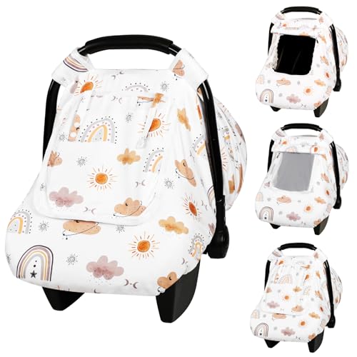 Image of CARUILI Car Seat Cover Baby, Anti-Kick Carseat Covers Baby Girl, Warm Minky Infant Car Seat Canopy with Mesh Window, Multi-Use Cover Protecting Baby from Wind, Sun, Strangers, White Rainbow