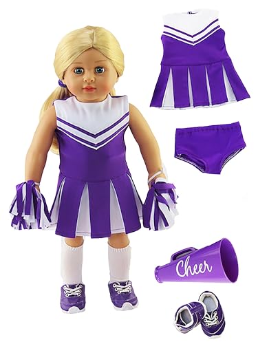 Image of Purple Cheerleader Outfit Cheerleading Uniform with Dress, Bloomers, Poms, Megaphone, Socks, and Shoes | Fits 18 inch American Girl Dolls, Madame Alexander, Our Generation, etc. | 18 Inch Doll Clothes
