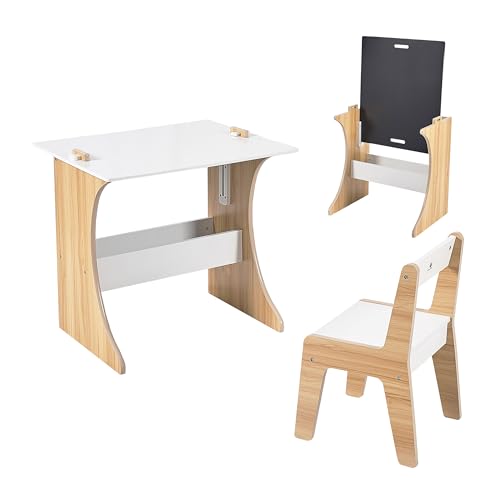 Relaxdays Conjunto de mesa e cadeira infantil com ardósia, 56 x 60 x 50 cm, branco/natural para crianças