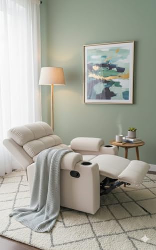 Image of Shah Manual Single Seater Recliner Chair, Premium Fabric with High-Density Foam, Lumbar Support, Off White, Living Room Bedroom Home Theater