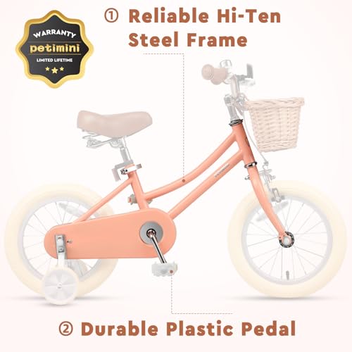 Image of Petimini Vintage Kids Bike for Girls, 12-20 Inch Classic Bicycle with Wicker Basket & Bell, High Tensile Steel Frame, Training Wheels (12-18 inch), 85% Pre-Assembled, Retro Bike for Outdoor Riding