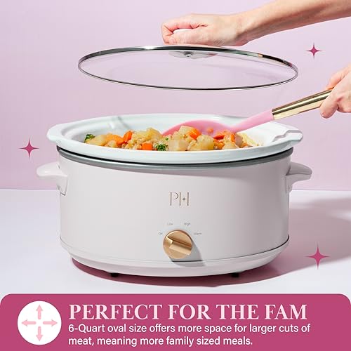 Image of Paris Hilton 6-Quart Manual Slow Cooker, Naturally Nonstick Stoneware Ceramic Insert, Three Settings (Low, High, Warm), Dishwasher Safe Family Size Slow Cooker, White