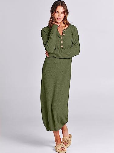 Image of ANRABESS Women Long Sleeve Button V Neck Oversized Casual Loose Fit Waffle Knit Fall Midi Sweater Dress 2026 Trendy Outfits
