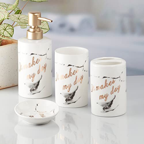Image of SaSaSa Ceramic Bathroom Accessories Set of 4 Modern Bath Set with Soap Dispenser & Toothbrush Holder, Luxury Home & Gift Idea, White /Gold (7694)