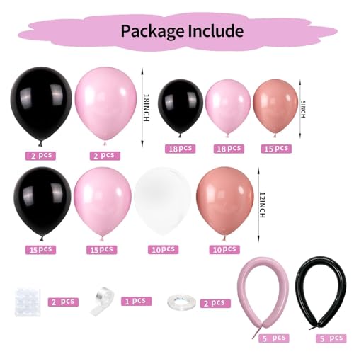 Pink and Black Balloon Arch Kit,120Pcs Retro Dirty Pink Black Clear Balloons Garland Different Sizes for Girls Women Birthday Wedding Baby Bridal Shower Party Decorations by FunHot - Used condition - Image 4
