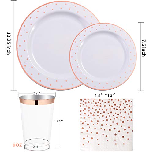Wellife 350 Pcs Rose Gold Plastic Dinnerware, Disposable Rose Gold Dot Plates, Includes: 50 Dinner Plates, 50 Dessert Plates, 50 Forks, 50 Knives, 50 Spoons, 50 Cups, 50 Dot Napkins #TOP1