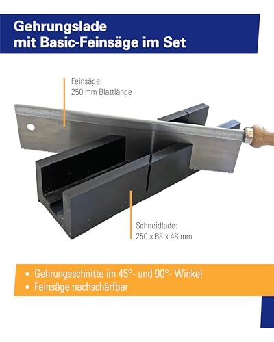 Foto von Augusta-Heckenrose Gehrungslade mit Feinsäge im Set I Schneidlade 250x68x48 mm aus stabilem Kunststoff zum präzisen Sägen auf Gehrung für 45° & 90° Winkel