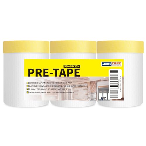 Image of ADHES Pre Taped Masking Film with Adhesive Edge, 22 inch x 98 feet, 3 Rolls No Residue Masking Tape for Painting, Automotive, and DIY Projects Tape and Drape for Floor Furniture Protection