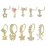10Pcs 20G Dangle Nose Rings Surgical Steel Dangling Nose Ring and L Shaped Dangling Nose Stud Set Gold Butterfly Heart Moon Flower Star Piercing Jewelry CZ Cartilage Earring for Women Party Gathering