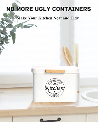 Dishwasher Pod Container With Hinged Lid. Farmhouse Metal Dishwaser Pods Holder For Kitchen Cabinet Organizer. Modern Kitchen Decor And Accessories. Dishwasher Detergent Tablet Storage(White) #TOP1
