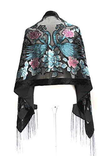 Handmade Elegant Black Emerald Color Peacock Silk Burnout Velvet Fringed Scarf Shawl Wrap #TOP3