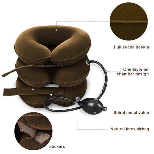 Cervical Neck Traction Device Inflatable Neck Stretcher, Easy to Use for Chronic Neck and Shoulder Pain Relief Traction Spine Alignment, Neck Cervical Brace-Brown…