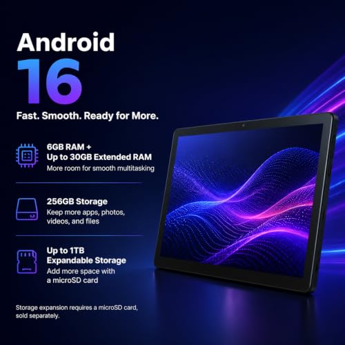 Image of Android 16 Tablet 10.1 Inch with 36GB RAM and 256GB ROM, 1TB Expandable, Octa-Core, WIFI 6, BT5.4, IPS HD Touchscreen, 6000mAh Battery, Tablet for Online Studying, Streaming and Family Entertainment