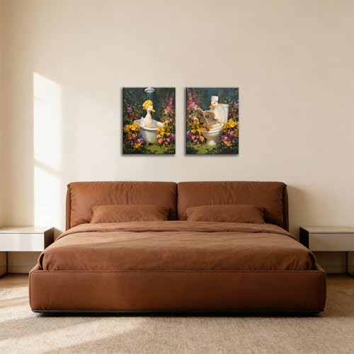 Image of Frimeeme Duck Canvas Wall Art, 2 Pcs, 12x16 Inch | Duck Botanical in Bathtub Pictures Art, Floral Wall Paintings, For Bathroom Restroom Decor