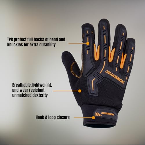 Image of POWERTEC Heavy Duty Work Gloves | Safety Gloves with Touch Screen Flexible Breathable, Abrasion-Resistant Slip-Proof Leather on Palm for Excellent Grip and Shockproof, 1 Pair (size L) (71955)