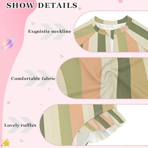 Green Beige Stripes Girls Long Sleeve One-Piece Swimsuit UV Protection Swimwear Bathing Suit 208605474