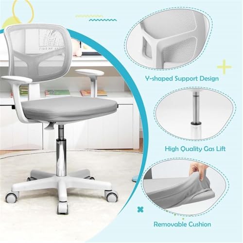 Image of Pemberly Row Kids Study Chair, Adjustable Height 31.5 inch-36 inch, Mesh Back, Padded Armrests, Auto Brake Casters, Y-Shaped Lumbar Support, Swivel Seat, Gray Upholstery, Comfortable Chair for Children