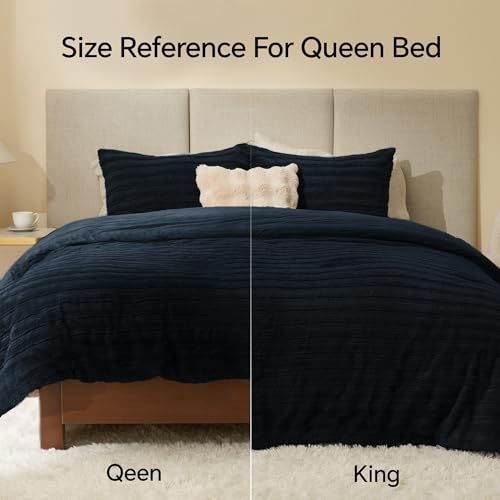 Image of BEDELITE Fleece Queen Comforter Set -Super Soft & Warm Fluffy Navy Faux Fur Bedding, Luxury Fuzzy Heavy Bed Set for Winter with 2 Pillow Cases
