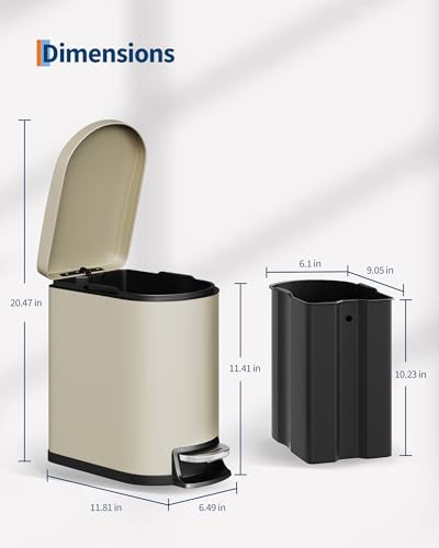 GarveeHome 1.6 Gal Step-On Trash Can, Stainless Steel Small Bathroom Garbage Bin with Soft Close Lid, Slim Space-Saving Design, Removable Inner Bucket for Bathroom, Bedroom, Office, Sand Beige - image 3