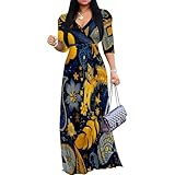Wxcvrz Spring Dresses for Women 2025 V Neck with Belt Puff Sleeves Casual Sun Dress Long Flowy Summer Outfts Fashion Dresses XS Yellow-Blue