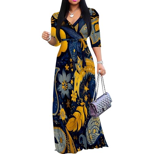Wxcvrz Spring Dresses for Women 2025 V Neck with Belt Puff Sleeves Casual Sun Dress Long Flowy Summer Outfts Fashion Dresses XS Yellow-Blue