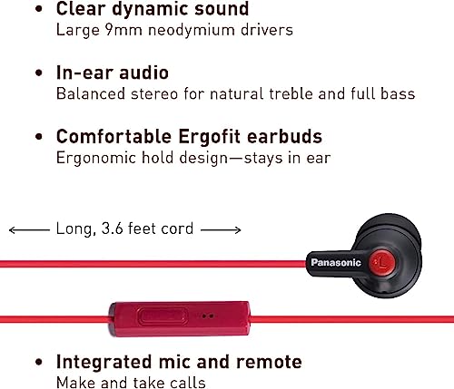 Image of PANASONIC ErgoFit Earbud Headphones with Microphone and Call Controller Compatible with iPhone, Android and BlackBerry - RP-TCM125-KB - in-Ear (Matte Black /Red), S /M /L Included