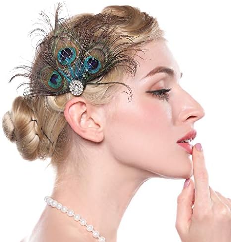 Aimimier 1920s Flapper Peacock Feather Hair Clip Crystal Great Gatsby Hair Piece Vintage Roaring 20s Prom Party Festival Hair Accessories for Women and Girls