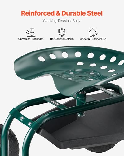 Image of VEVOR Rolling Garden Cart with Swivel Seat, Heavy Duty Garden Seat with Storage Basket & Tool Tray, 300 lbs Weight Capacity, Outdoor Utility Gardening Stool Scooter for Lawn Yard Planting Weeding