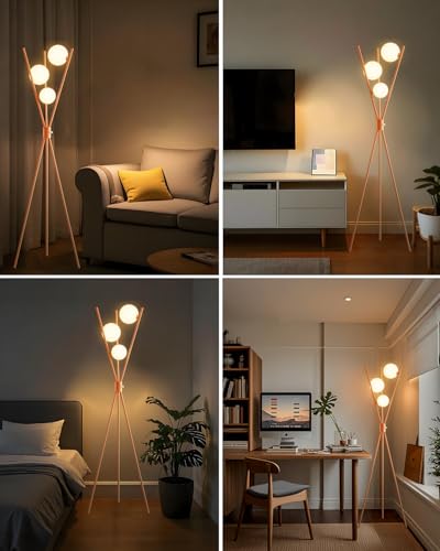 Image of Lightdot Globe Standing Lamps Stepless Dimmable Tripod Floor Lamp with 3PCS 3000K Bulbs Included Stable Base Orange Mid Century Modern Floor Lamp for Living Room /Bedroom /Sofa Beside /Corner Decor