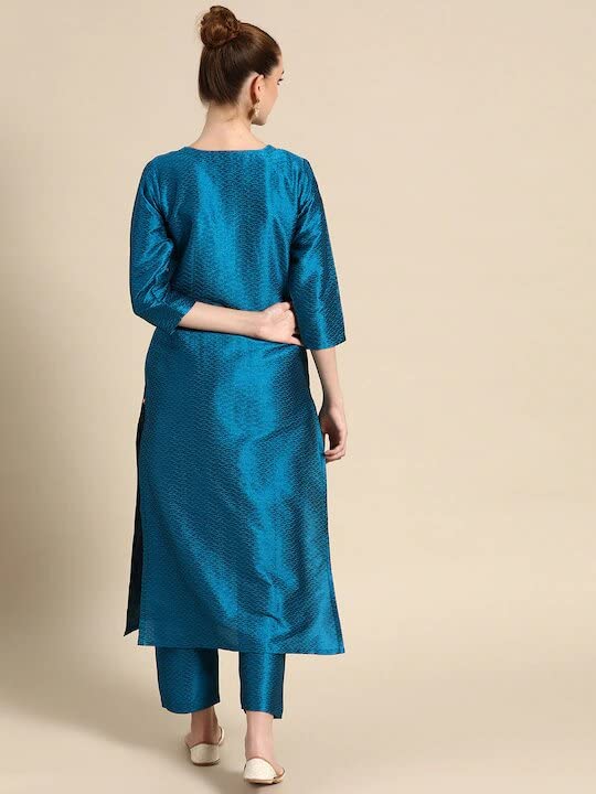 Image of Yashika Floral Regular Women's Silk Blend Sky Blue Color Straight Kurta with Pant (YS-KS2052-XL)