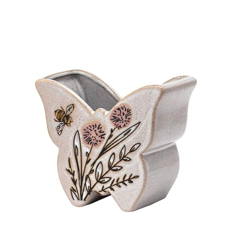 Napco Butterfly Shaped Bumble Bee Flower 5.25 x 4.75 x 2.25 inches Distressed Pink Ceramic Flower Succulent Plant Pot Planter Container Holder, Indoor Outdoor Garden Décor