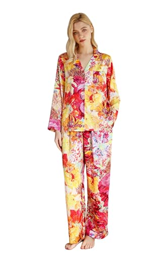 Image of YiNi LuLu Womens Silk Satin Pajamas Set Button Down 2 Piece Pjs Long Sleeve Oversized Sleepwear with Pockets