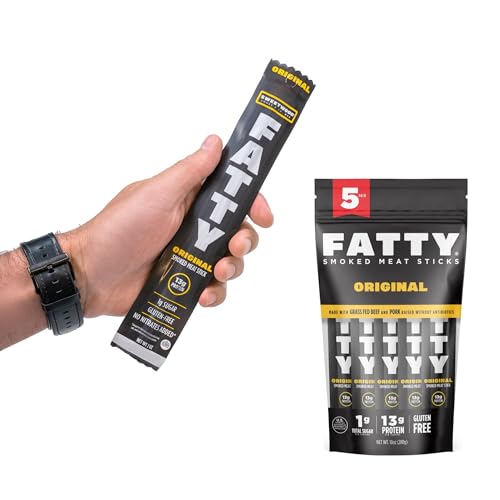 FATTY Grass-Fed Beef Smoked Meat Sticks, Original Flavor, 13g Protein Per Stick, Camping Snack, 2 oz. (Pack of 5)