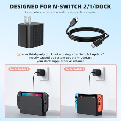 Image of Switch 2 Charger with 3.3FT(1M) Charging Cable - 60W AC Power Adapter Support 4K TV Dock Mode, Power Supply 20V /3A Fast Cord for Switch /OLED /Lite&Steam Deck /Xbox 360 Console - Original Quality(3.3FT)