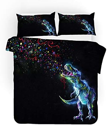 MUSOLEI Double Quilt Duvet Cover Bed Set Dinosaur Blue Bedding for Children Boys Kids Dino Jurassic Cool Soft Colorful Design Durable Microfiber Zipper(Double,Black)