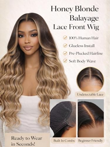 Image of Beauty Forever 13x4 Lace Frontal Body Wave Wig Human Hair - Honey Blonde Balayage with Chestnut Brown Roots, Pre-Plucked&Pre-Bleached Knots, Glueless Drawstring Wig for Beginners, Ready to Wear 18inch