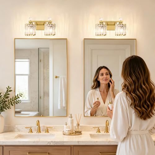 Image of Lxybcce Modern 14In 2-Lights Bathroom Vanity Light, Crystal Bathroom Light Fixtures, Gold Vanity Light Fixtures Over Mirror, Easy Installation & Shadow-Free Illumination for Bathroom Mirror Decor