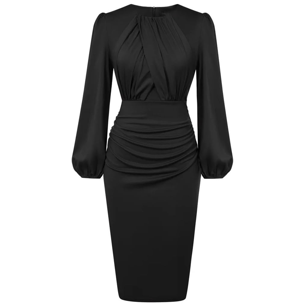Genérico Vestido de Noche Elegante para Mujer, Ideal para Fiestas y Eventos. Vestido de Fiesta de Manga Larga, Cuello Redondo, Corte Ajustado, Largo Medio (D Grande).