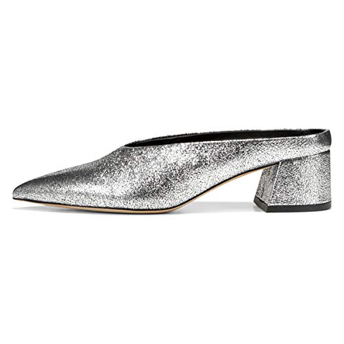 Ydn Women Retro Pointed Toe Mules Pumps Block Mid Heel Slip On Slide Sandal Clog Shoes Silver Glitter 12 #TOP1