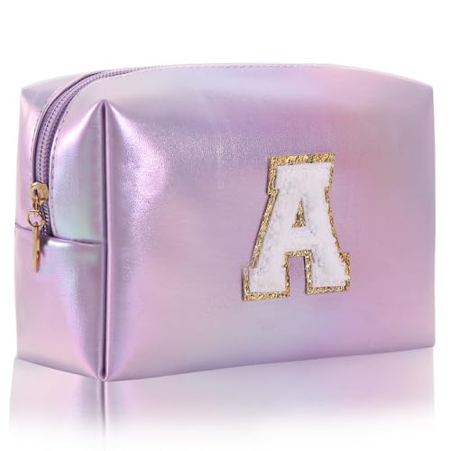 Monogrammed Gift for Women Girls,Personalized Initial Cosmetic Bag Preppy Makeup Bag with Zipper,Cute Makeup Pouch, Waterproof Toiletry Bag,Personalized Gift for Girl＆Bridesmaids (Letter-A)